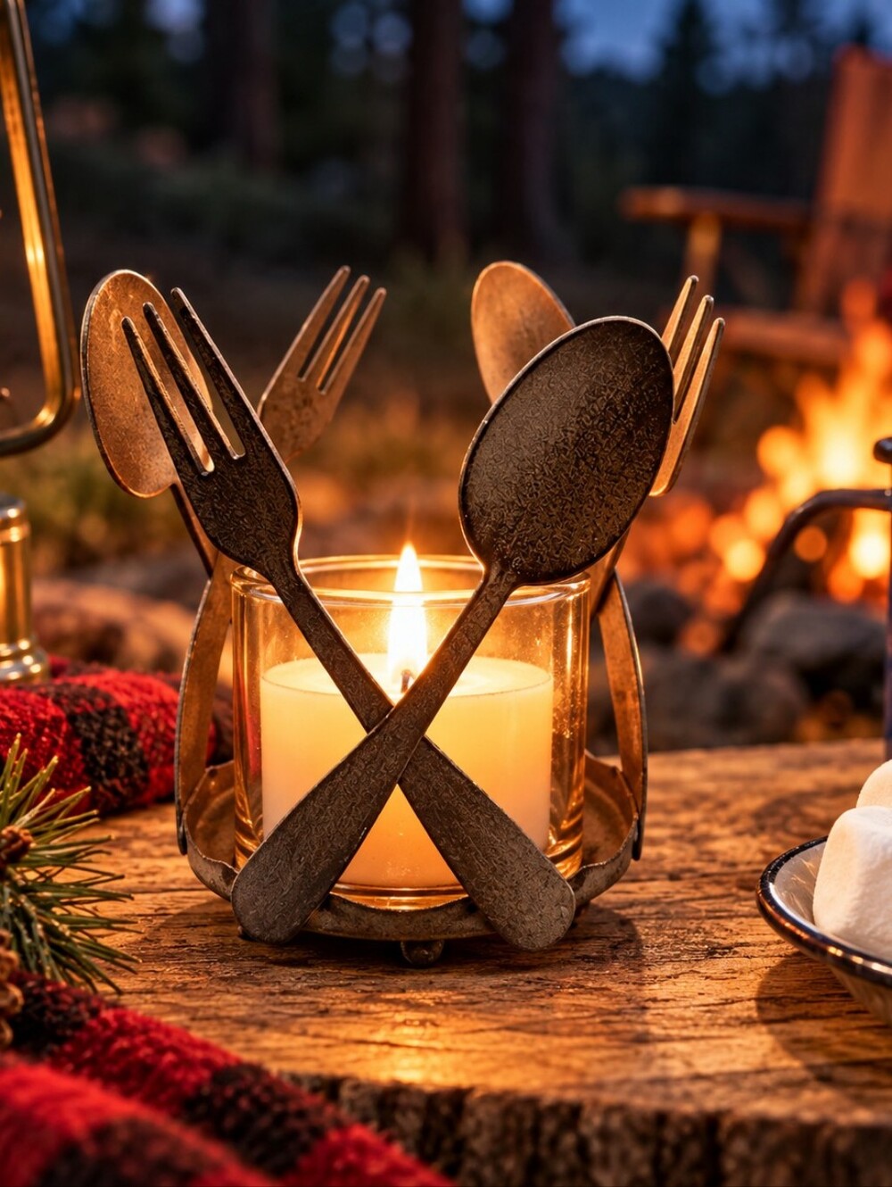 Rustic Metal Fork & Spoon Candle Holder - Brownish Rust